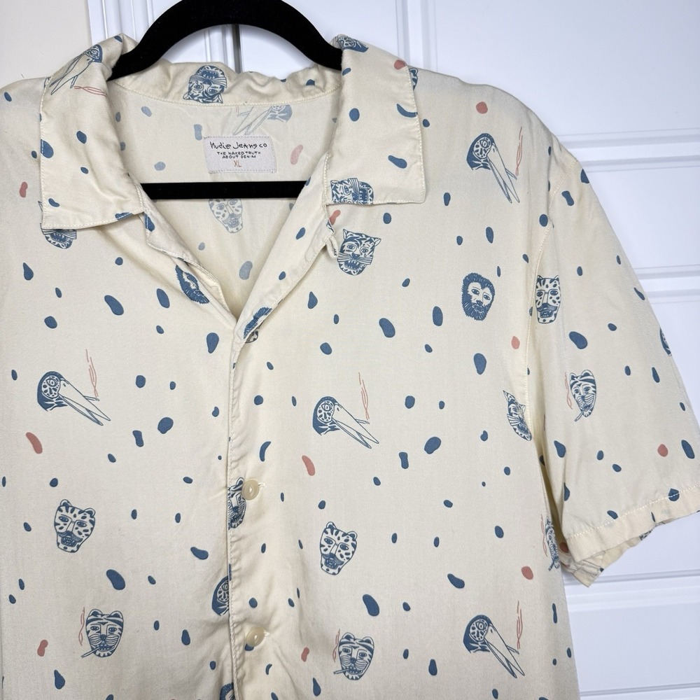 Nudie Jeans Arvid Misfit Creatures Shirt Mens X-Large Sand Camp Collar Hawaiian